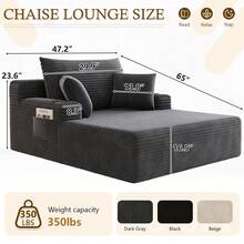 47"W X 65"D Oversized Chaise Lounge Chair Indoor Boneless Reading Chair Plush Corduroy Recliner With Cup Holders Large Deep Seat Comfy Sofa Bed Couch With 3 Pillows For Living Room Bedroom - Màu xám đen - Xem 7