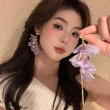 1件法式优雅渐变欧根纱花瓣流苏耳环，独特设计奢华耳环 - 多色 - 查看 11