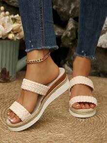 1 Pair Solid Color Casual Bohemian Beach Fashion Platform Wedge Sandals, Suitable For Party, Vacation, Beach, Festival In Summer - Beige - View 3