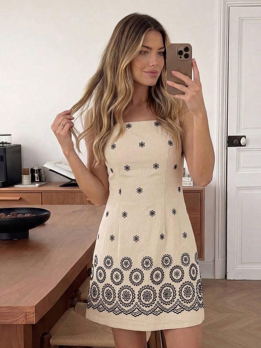 Vestido corto A-line para mujer, sin mangas y con tirantes finos, con estampado tropical de flores y palmeras.Diseño ajustado en la cintura, silueta favorecedora y ligera.Ideal para uso casual, vacaciones y salidas de primavera y verano. - Multicolor 3 - Ver 1