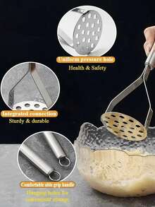 1pc Stainless Steel Potato Masher - Handheld Kitchen Tool, Suitable For Mashing Potatoes, Sweet Potatoes And Other Ingredients, Elegant Metal Design With Comfortable Handle, Applicable For Vegetable Cooking, Durable Kitchen Essential - Multicolor - View 3
