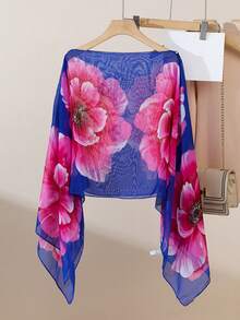 1pc Women's Lightweight Chiffon Floral Print Versatile Loose Fit Pearl Button Shawl Scarf, Suitable For Spring/Summer, Travel And Daily Use - Multicolor - View 8