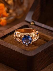 1枚流行女士时尚奢华优雅蓝色锆石戒指，婚礼订婚派对珠宝礼物 - 金色 - 查看 4