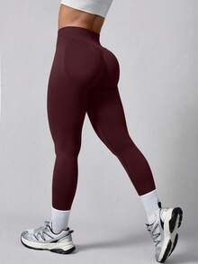 1pc Women's Solid Color Ribbed High Waist Seamless Elastic Outdoor Sports Pants - Burgundy - View 6