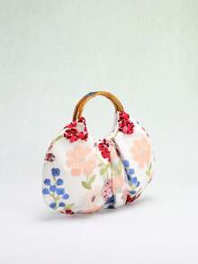 SCULPTEDSTYLE BAGS 1pc Colorful PVC Sequin Flower Ruffle Cloud Shaped Bag, Fashionable Linen Bottom Mesh Embroidery Fan-Shaped Vintage Bamboo Handle Tote Bag, Summer Casual Vacation Style Fashion Ladies Handbag (Flower Pattern Randomly Sent) - Multicolor - View 5