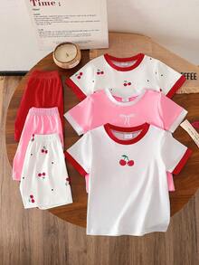 3 Conjuntos (6 piezas) de Top de manga corta y shorts de tela de punto suave con estampado de corazones de cereza casual, adecuado para uso al aire libre, primavera/verano - Multicolor - Ver 1