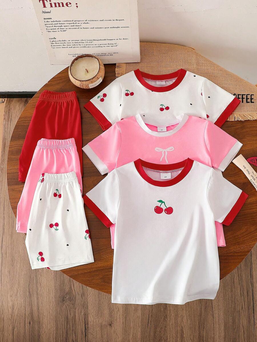 3 Conjuntos (6 piezas) de Top de manga corta y shorts de tela de punto suave con estampado de corazones de cereza casual, adecuado para uso al aire libre, primavera/verano - Multicolor - Ver 1