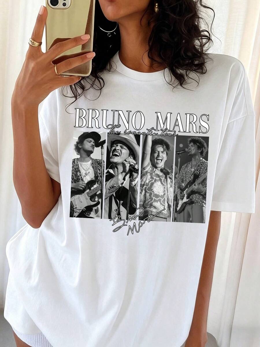 B-BrunoS Mars Vintage Bootleg Concert Graphic Casual Loose Fit T-Shirt - White - View 1
