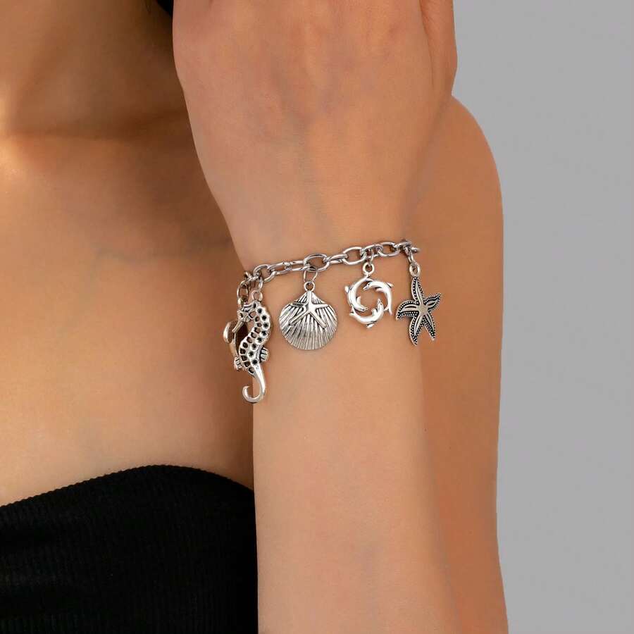 Vintage Ocean Style Multi-Pendant Necklace, Niche Design, Versatile For Vacation - Silver - View 1
