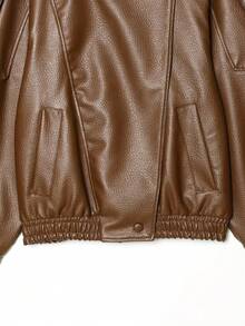 Autumn Winter Women Loose Faux Leather Jacket, Fashion Street Motorcycle Jacket With Zipper Pockets - Camel - View 7