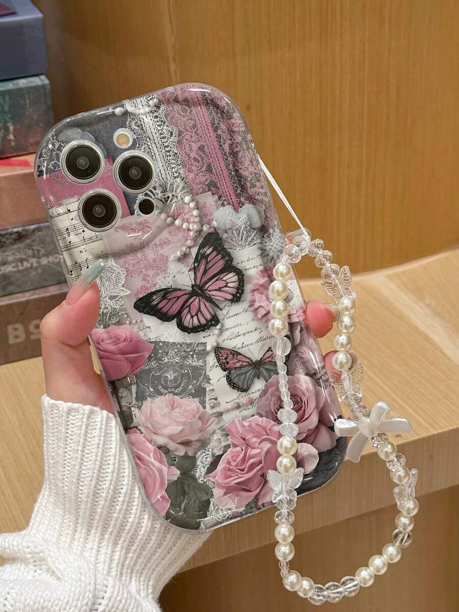 蝴蝶图案彩绘平版印刷透明表带手链奶油色纹理彩绘软壳,适用于 17/17 Pro Max/ 16/ 16 Pro/ 16 Pro Max/ 15/XR/7P/8P/P12 Pro Max/P13 Pro Max/P14 Pro Max/P13/P14/P11/P12/P14,可爱时尚加厚手机壳保护套,适用于 XS/S/XS Max/78GES2 - 彩色 - 查看 1