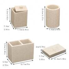 6pcs Resin Bathroom Accessory Set, Modern Farmhouse Style, Includes Toothbrush Holder, Soap Dispenser, Tray, Tumbler, Cotton Swab Holder, Sandstone Color - Sand Color - View 5