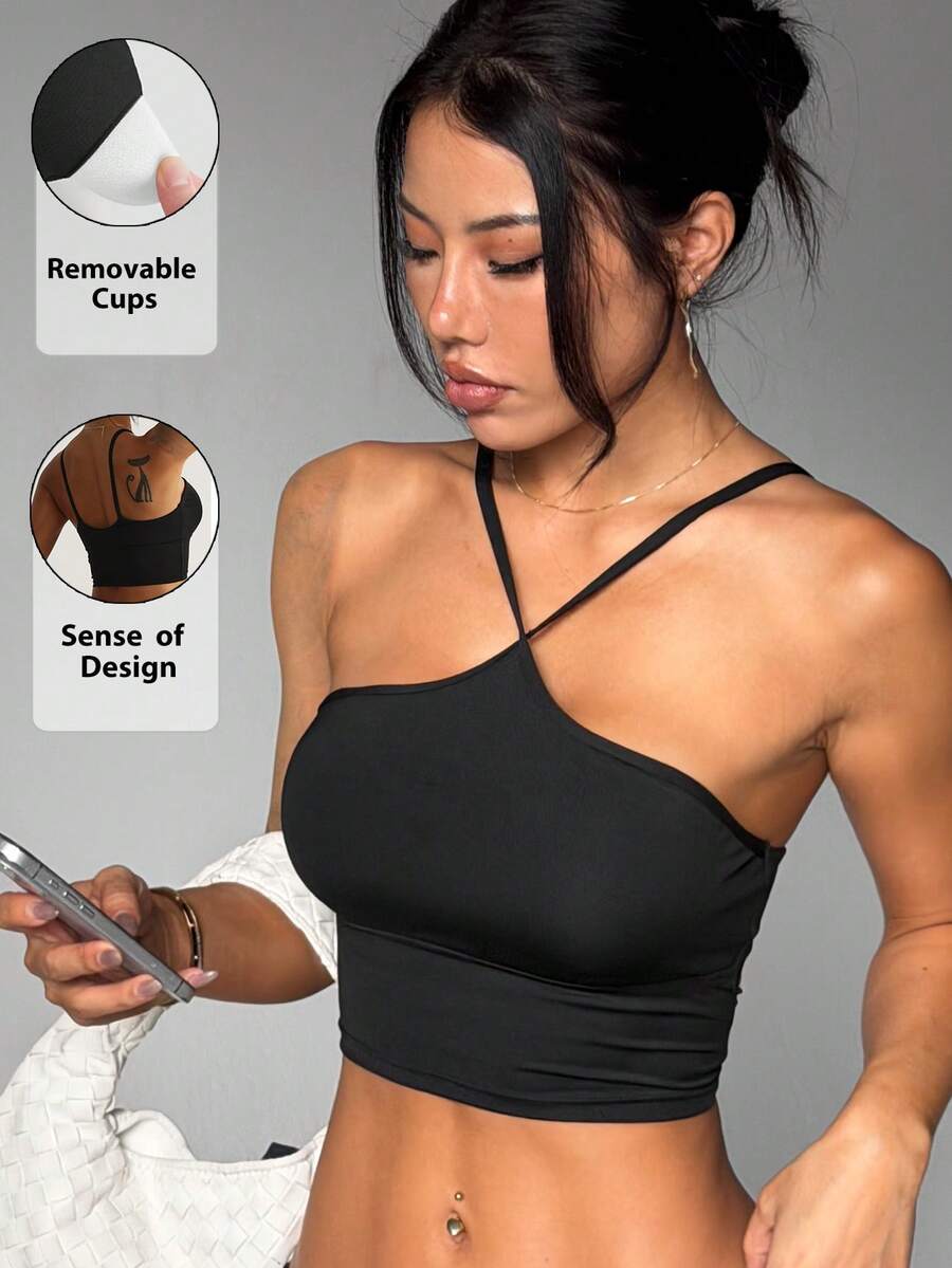 Women's Solid Color Removable Padded Criss-Cross Back Sports Knit Bra - Black - View 1