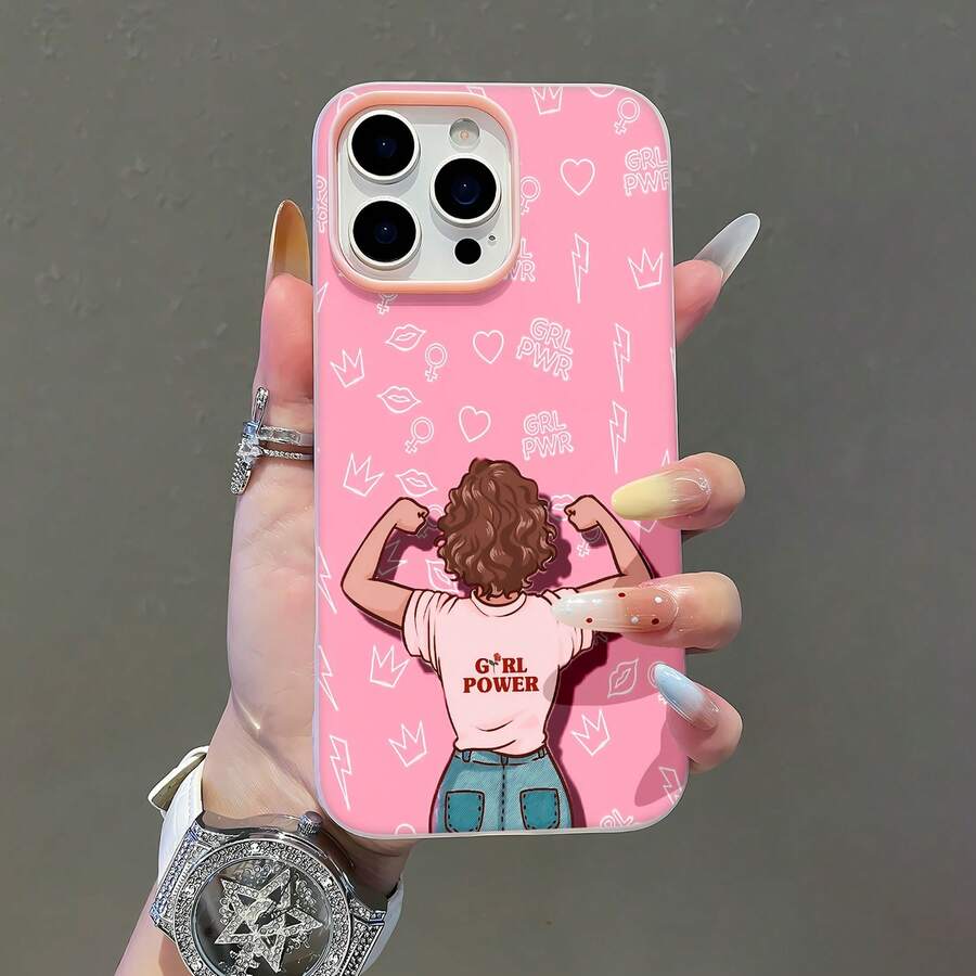 Mujer fuerte haciendo alarde de poder femenino sobre fondo rosafunda de teléfono Fundas compatibles con ,Apple,VIVO,OPPO,,, y Honor.Fabricadas en silicona TPU,ofrecen protección contra golpes y caídas. - Rosa - Ver 1