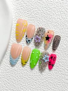 10 piezas de uñas postizas estilo Y2K hechas a mano, set de arte de uñas de gel poli, diseño de estrella hueca, línea y lunares, colores de esmalte de uñas verde, azul, rosa y amarillo, estilo dulce y neutro, incluye herramientas para uñas, 3 tamaños disponibles, forma de almendra/pato/ataúd, adecuado para fiestas, baile y uso diario - Multicolor - Ver 16