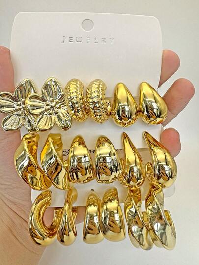 6pcs-18pcs Fashion Women's Gold Hoop Earrings, Starfish Shaped Thick Earrings Suitable For Daily, Festival, Party Wear, Lightweight CCB Material, Women's Earring Set