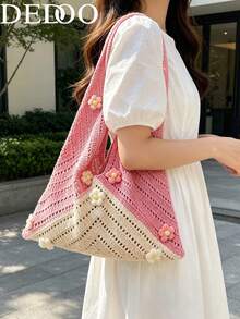 这款时尚波西米亚风多色斜挎包，采用海龟图案钩编设计，大容量敞口手提包，米色涤纶材质，散发着复古手工质感和夏日气息。适合休闲外出和海滩度假，可作为沙滩手提包、旅行配件、波西米亚风格包袋、编织纹理包袋、大容量手提包，是度假必备，也适合工作、返校、波西米亚风穿搭、沙滩包、钩编、假日、海滩度假等场合。 - 粉色 - 查看 1