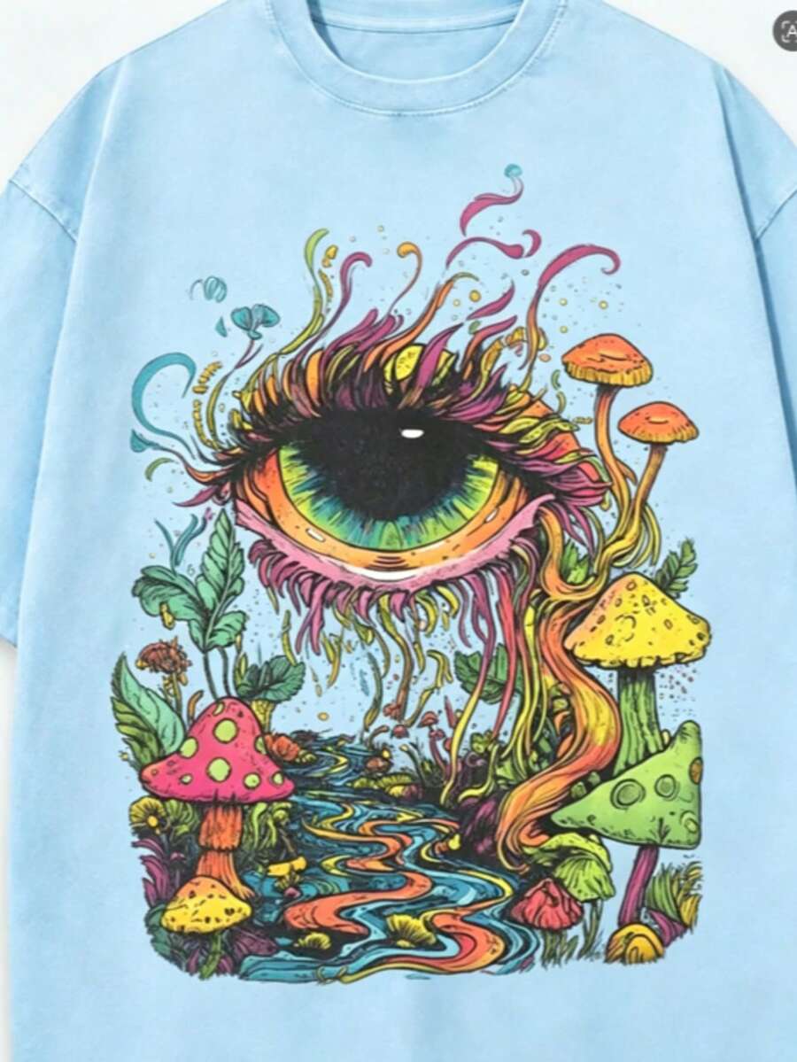 Summer Tops Men's Eye And Mushroom Forest Pattern T-Shirt - Oversized Vintage Washed 100% Cotton T-Shirt, Vibrant 60s/70s Retro Print, Ultra-Soft And Breathable Fabric, Hip-Hop Street Style, Suitable For Festival Rave Outfits And Everyday Casual Wear - Magic Forest Loose And Comfortable Summer Clothes Spring Outfits For Women - Màu xanh nhạt - Xem 1