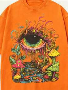 Summer Tops Men's  Eye And Mushroom Forest Pattern T-Shirt - Oversized Vintage Washed 100% Cotton T-Shirt, Vibrant 60s/70s Retro Print, Ultra-Soft And - Orange - View 6