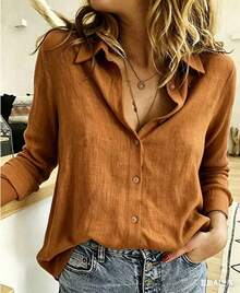 Women's Viscose Linen Shirt With Long Sleeves - Camel - View 2