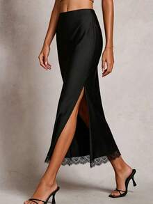 Elegant Black Satin Lace High Slit Skirt, High Waist Slimming Sexy Date Night Outfit Spring - Black - View 5