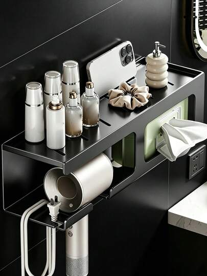 1 Kệ đựng đồ nhà tắm treo tường - Không cần khoan, kệ đa chức năng (Bao gồm giá để máy sấy tóc và hộp đựng khăn giấy). Kệ nhà tắm chống thấm nước này được thiết kế để đựng các vật dụng cần thiết khi tắm cho bé, mỹ phẩm chăm sóc da của mẹ và các vật dụng hàng ngày, giúp tiết kiệm không gian hiệu quả trong phòng tắm gia đình.