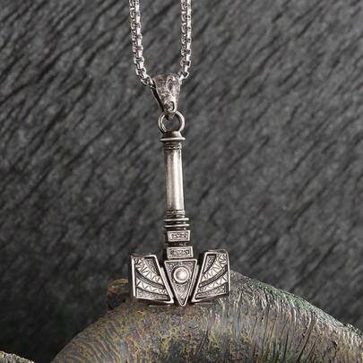 1pc Thor's Hammer Shaped Pendant Necklace, Men's Stainless Steel Square Pearl Chain Daily Accessory Gift