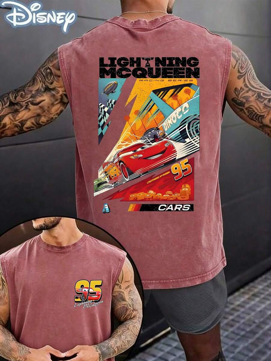 Disney Official Licensed Cars Lightning McQueen Racing Series Vintage Washed 230g Oversized Tank Top Unisex - Hồng - Xem 1