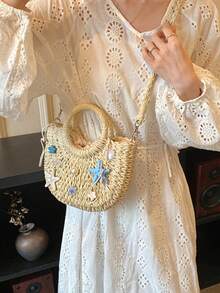 Straw Woven Beach Bag Starfish Shell Decor Round Handle Handbag Crossbody Vacation Tote Purse - White - View 6