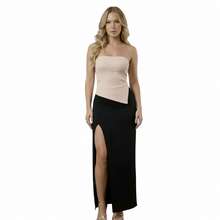 Conjunto 2 Peças Elegante Top Tubo Assimétrico Tomara Que Caia Ribana a e Saia Maxi Longa Preta Com Fenda Suplex premium - bege/nude e preto - Visão 2