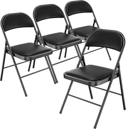 Folding Chair With Comfortable Padded Cushion And Back, Portable Folding Chairs For Outside, Office Events, Weddings, Pu Leather, 4 Black