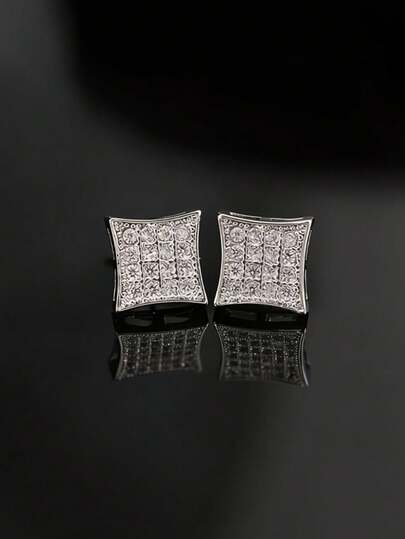 2只方形水钻耳环，时尚朋克风百搭男士耳环