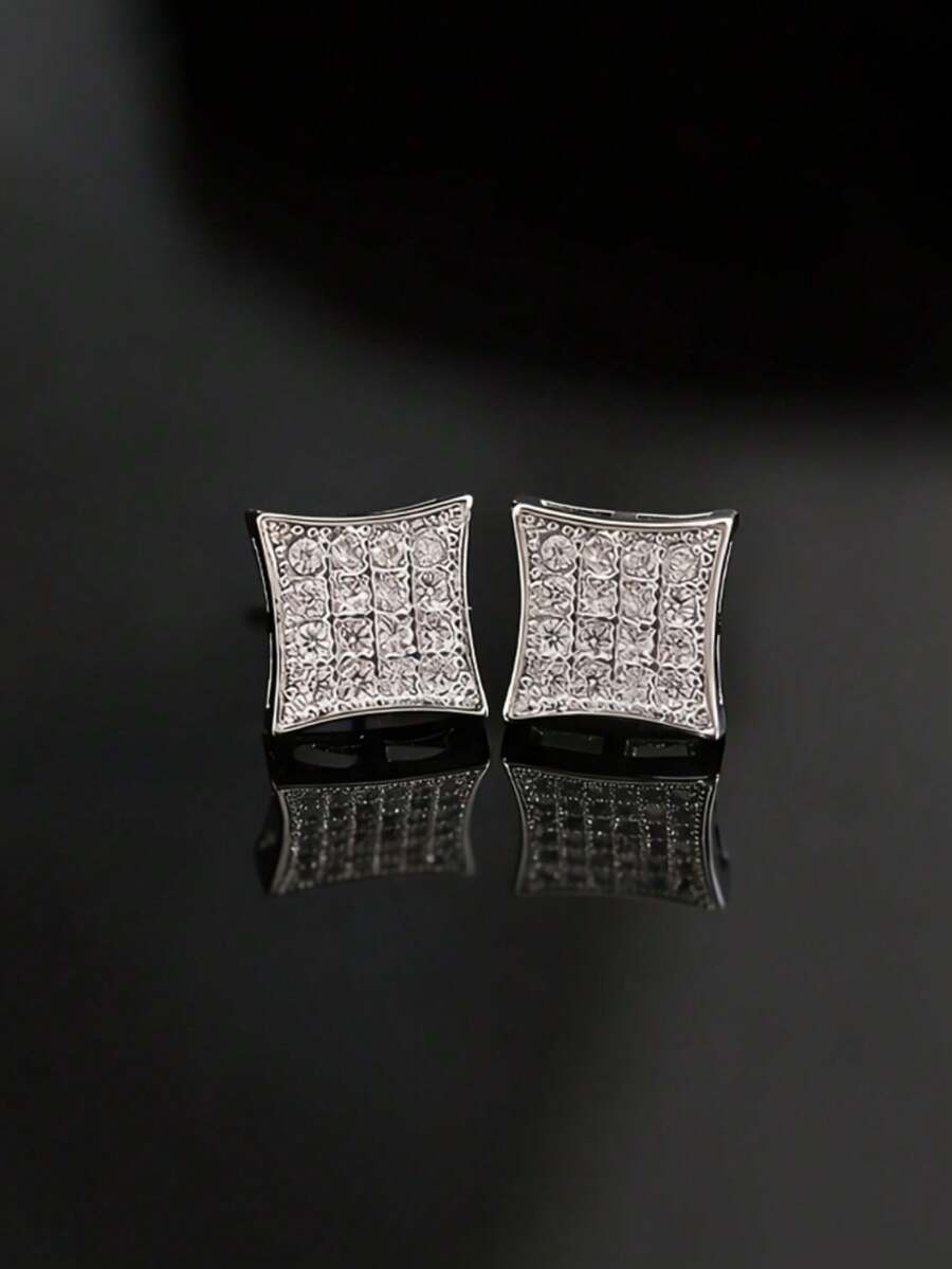 2只方形水钻耳环，时尚朋克风百搭男士耳环