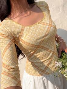 Retro American Style Mesh Plaid Square Collar Cropped Short Sleeve Top, Slim Fit & Sexy For Summer Spring - Khaki - View 1