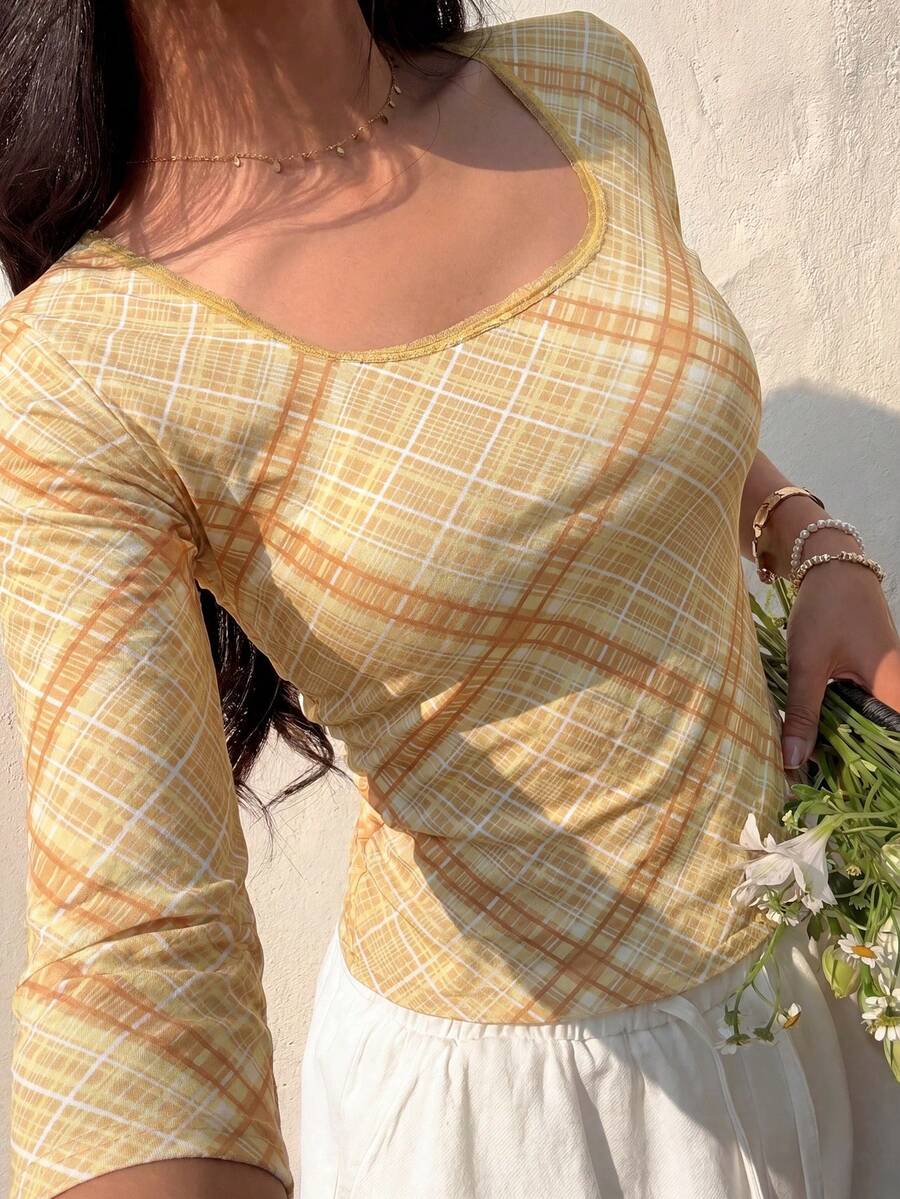 Retro American Style Mesh Plaid Square Collar Cropped Short Sleeve Top, Slim Fit & Sexy For Summer Spring - Khaki - View 1