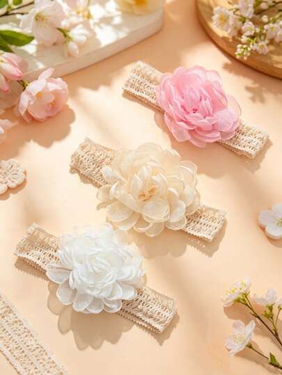 3条/套彩色弹力花朵婴儿发带，逼真设计，适合所有季节，非常适合派对、庆典、节日、送礼，超级可爱时尚，适合宝宝拍照，不含白色卡片