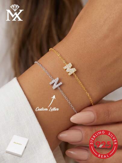 1 pièce Bracelet en argent sterling 925 avec 26 lettres anglaises, style mode et luxe avec zirconium. Convient pour le port quotidien des femmes, les cadeaux de vacances et la décoration de fête