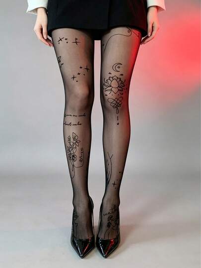 1 Pair Dark Gothic Tattoo Print Sheer Pantyhose, Unique Pattern Fashionable Sexy Versatile Tights