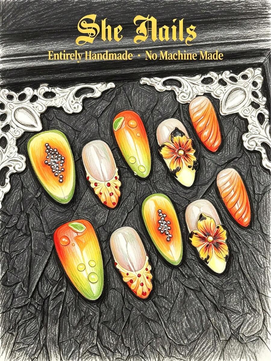 SO GORGEOUS Of 100% Handmade She Nails DIY Acrylic Nail Kit Cute Baroque Y2K Goth Nail Art Look With 10pcs Middle Westen American And Europen French Tip Glossy Shinning Metallic Yellow Nails Green Nails Medium Long Almond Shapede Acrylic Handmade Press On Nails With General Field Handpainted Blendig Dots Handcraved 3D Flowers And Papaya Pawpaw Paired With Shell Fragments Suitable For Sexy Cool Women And Girls For Parties Dress Up Wear With Free Gel Sticker Nail File. - 彩色 - 查看 1