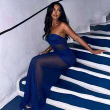 Women's Fashionable Elegant Sexy Strapless Mesh Patchwork Sheer Dress, Summer - Royal Blue - View 6
