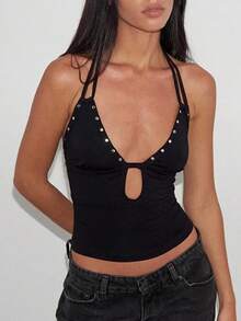 Women Studded Tank Top Silver Rivets Trim Crop Top Sleeveless Going Out Tops  Streetwear - Hitam 2 - View 3