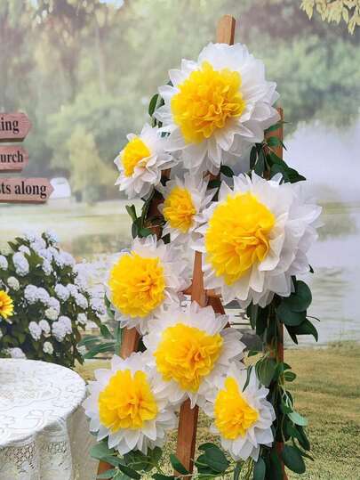 6朵雏菊纸花，花卉装饰，派对装饰，白色和黄色花朵，墙饰，适合一周岁生日、新娘送礼会、婚礼教室装饰等场合。