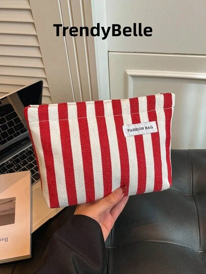 1个新款简约条纹帆布化妆包，便携式拉链化妆袋，女士适用