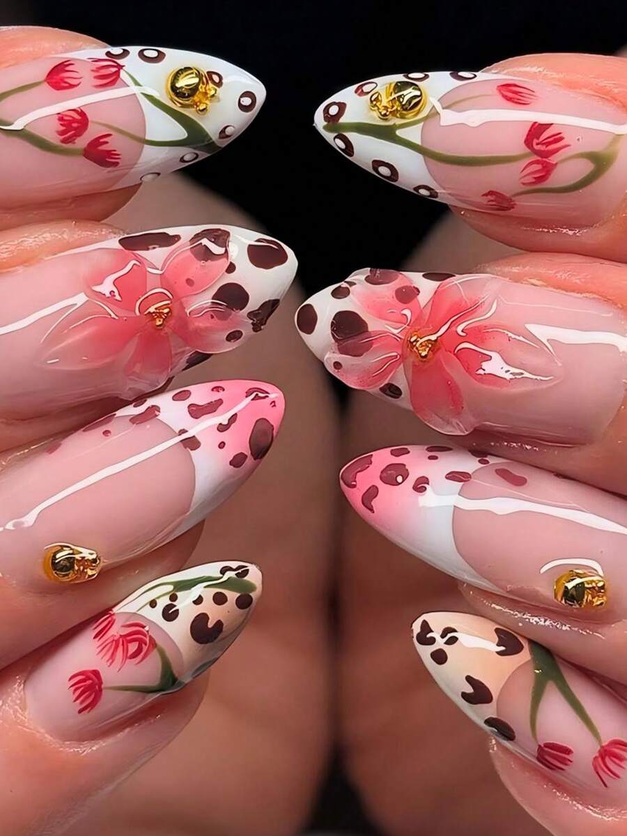 24 tiras de esmalte de uñas de gel con efecto 3D de flores en relieve y cristales, con un toque de alta gama - Multicolor - Ver 1
