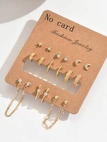 Set de 9 pares de pendientes de aro abierto con forma geométrica de estrella, luna y otros diseños con cristales de aleación de zinc, ideal como regalo festivo y para uso diario - Juego de 9 pares de aretes de aleación con diamantes. - Ver 5