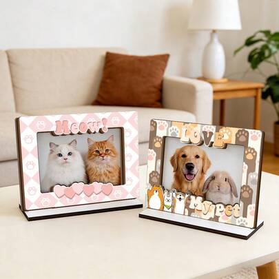 2pcs Cute Pet Paw Print Wooden Photo Frames, Cat & Dog Picture Desktop Display Stand, Brown Cartoon Animal Border Frames, Bedroom & Living Room Decor