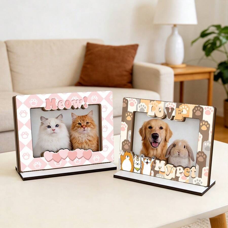 2pcs Cute Pet Paw Print Wooden Photo Frames, Cat & Dog Picture Desktop Display Stand, Brown Cartoon Animal Border Frames, Bedroom & Living Room Decor - A - View 1