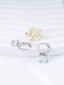 Bông tai dạng vòng vuông bằng bạc Sterling 925 không gây dị ứng, đính đá Cubic Zirconia, thiết kế tối giản tinh tế, thích hợp đeo hàng ngày, quà tặng sinh nhật. - Bạc - Xem 5