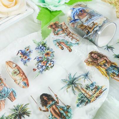 2m/Roll Tropical Fruit PET Washi Tape Flowers Transparent Stickers Decorative Adhesive Tape For Diary Scrapbooking Collage Material 100cm Loop