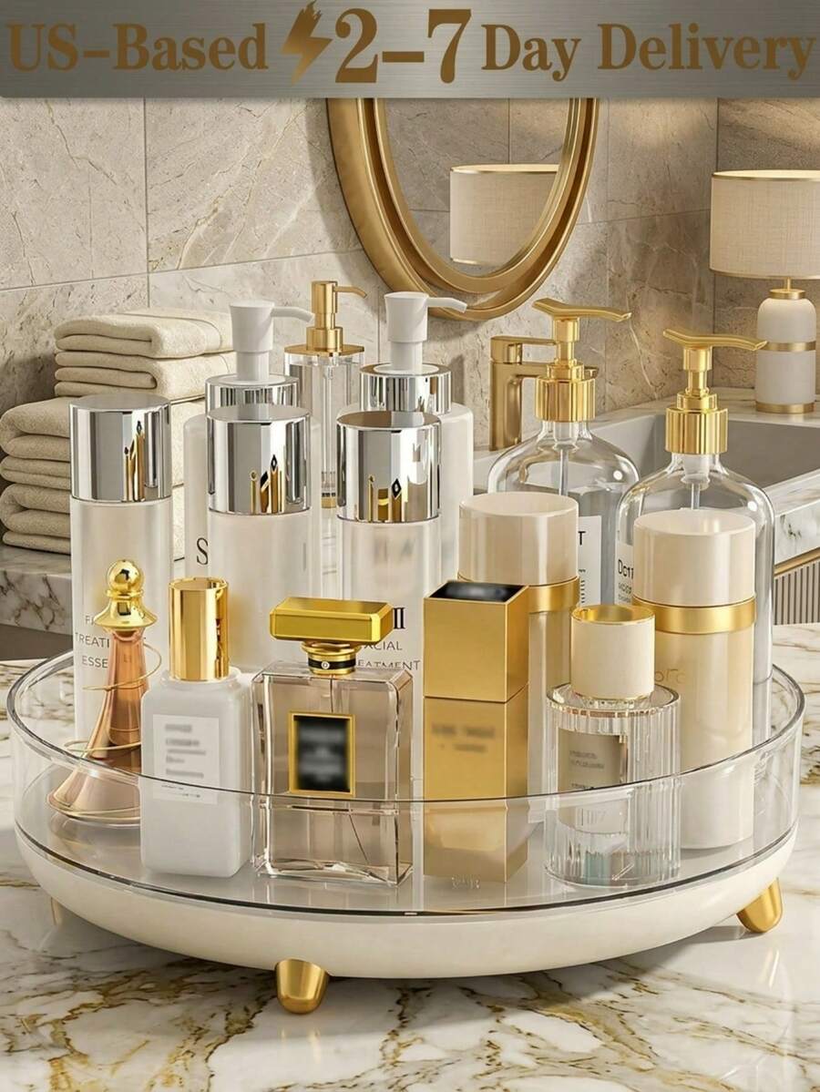 [Delivery Within 2-7 Days In The United States] Multifunctional Rotating Cosmetics Organizer - A 360-Degree Rotating Tray Designed Specifically For Skincare Enthusiasts; An Aesthetically , Cream-White Beauty Organizer Perfect For Vanity Tables, Capable Of Storing Essential Oils, Lipsticks, And Face Creams; A Practical Rotating Storage Tray-An Essential Home Accessory For Countertop And Dressing Room Decor And Organization-Suitable For Bathroom Vanities To Hold Shampoo, Conditioner, And Body Wash; And A Durable Rotating Storage Tray-A Must-Have Home Item For Organizing Condiments In Both The Bathroom And The Kitchen. - 彩色 - 查看 1